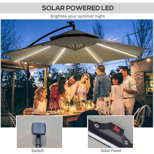 3(m) Cantilever Banana Parasol Hanging Umbrella with Double Roof, LED Solar lights, Crank, 8 Sturdy Ribs and Cross Base for Outdoor, Garden, Patio, Light Grey