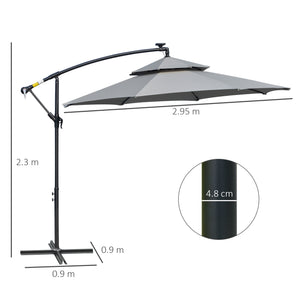 3(m) Cantilever Banana Parasol Hanging Umbrella with Double Roof, LED Solar lights, Crank, 8 Sturdy Ribs and Cross Base for Outdoor, Garden, Patio, Light Grey