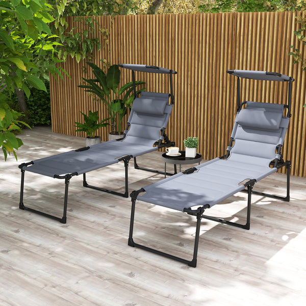 2 Pieces Outdoor Lounge Chair, Adjustable Backrest Folding Chaise Lounge, Cushioned Tanning Chair with Sunshade Roof & Pillow Headrest for Beach, Camping, Hiking, Gray