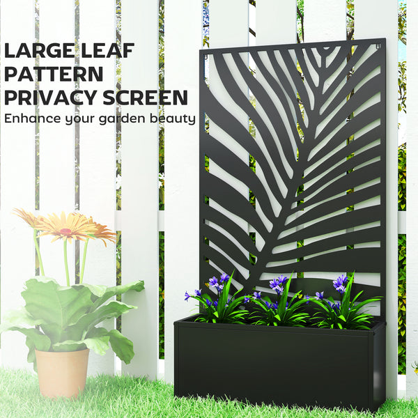 Metal Raised Garden Bed with Trellis for Climbing Plants, Freestanding or Wall Mounted Flower Bed with Privacy Panel, Large Leaf Cut-Out Outdoor Planter Box for Garden, Patio, Balcony