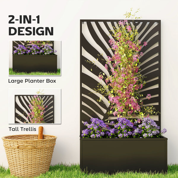 Metal Raised Garden Bed with Trellis for Climbing Plants, Freestanding or Wall Mounted Flower Bed with Privacy Panel, Large Leaf Cut-Out Outdoor Planter Box for Garden, Patio, Balcony