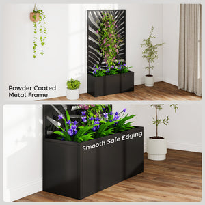 Metal Raised Garden Bed with Trellis for Climbing Plants, Freestanding or Wall Mounted Flower Bed with Privacy Panel, Large Leaf Cut-Out Outdoor Planter Box for Garden, Patio, Balcony