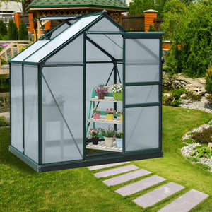6' x 4' x 6.6' Polycarbonate Greenhouse, Walk-In Green House Kit Garden, Plants Grow, Galvanized Sheet Aluminum Frame with Rain Gutter, Vent and Sliding Door, Green