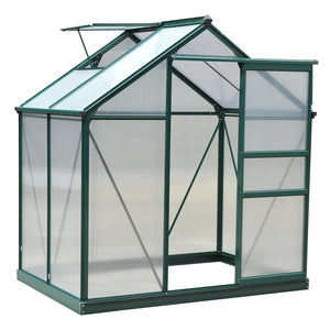 6 x 4ft Polycarbonate Greenhouse, Large Walk-In Green House with Slide Door and Window, Garden Plants Grow House with Aluminium Frame and Foundation, Dark Green