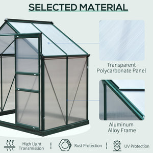 6' x 4' x 6.6' Polycarbonate Greenhouse, Walk-In Green House Kit Garden, Plants Grow, Galvanized Sheet Aluminum Frame with Rain Gutter, Vent and Sliding Door, Green