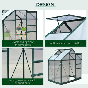 6' x 4' x 6.6' Polycarbonate Greenhouse, Walk-In Green House Kit Garden, Plants Grow, Galvanized Sheet Aluminum Frame with Rain Gutter, Vent and Sliding Door, Green