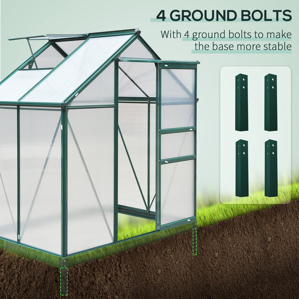 6 x 4ft Polycarbonate Greenhouse, Large Walk-In Green House with Slide Door and Window, Garden Plants Grow House with Aluminium Frame and Foundation, Dark Green