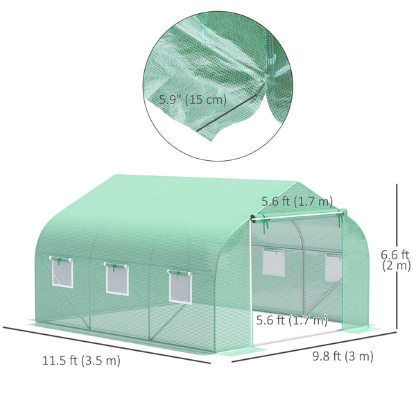 10' x 11' x 7' Walk-in Greenhouse Outdoor Plant Tunnel Warm Hot House w/ Roll Up Door and 6 Mesh Windows, Steel Frame, Green