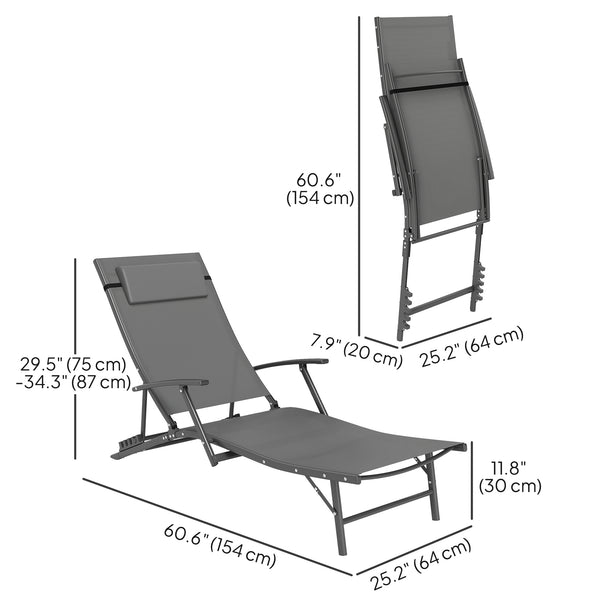 Set of 2 Folding Lounge Chairs, Outdoor Chaise Tanning Chair with 4 Adjustable Backrest, Pillow, Steel Frame, Portable Sun Lounger for Patio, Garden, Beach, Grey