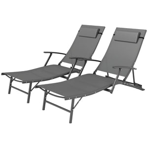 Set of 2 Folding Lounge Chairs, Outdoor Chaise Tanning Chair with 4 Adjustable Backrest, Pillow, Steel Frame, Portable Sun Lounger for Patio, Garden, Beach, Grey