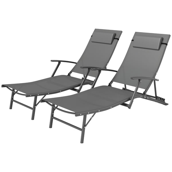 Set of 2 Folding Lounge Chairs, Outdoor Chaise Tanning Chair with 4 Adjustable Backrest, Pillow, Steel Frame, Portable Sun Lounger for Patio, Garden, Beach, Grey