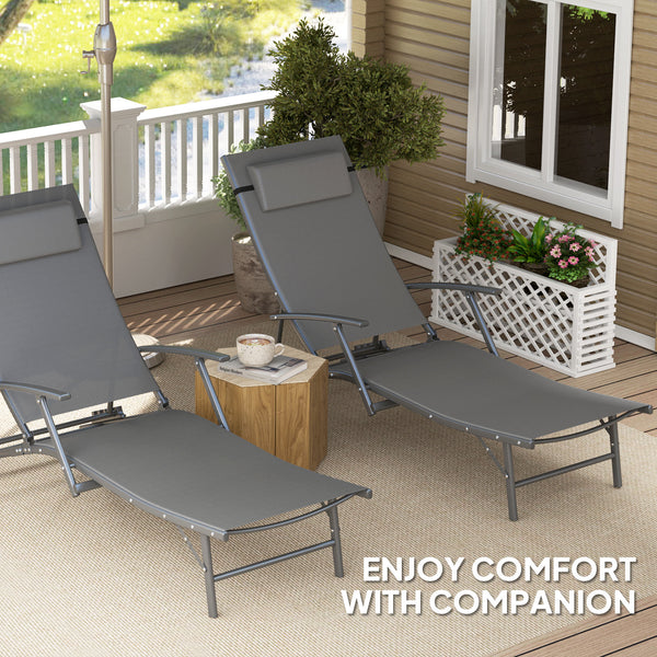 Set of 2 Folding Lounge Chairs, Outdoor Chaise Tanning Chair with 4 Adjustable Backrest, Pillow, Steel Frame, Portable Sun Lounger for Patio, Garden, Beach, Grey