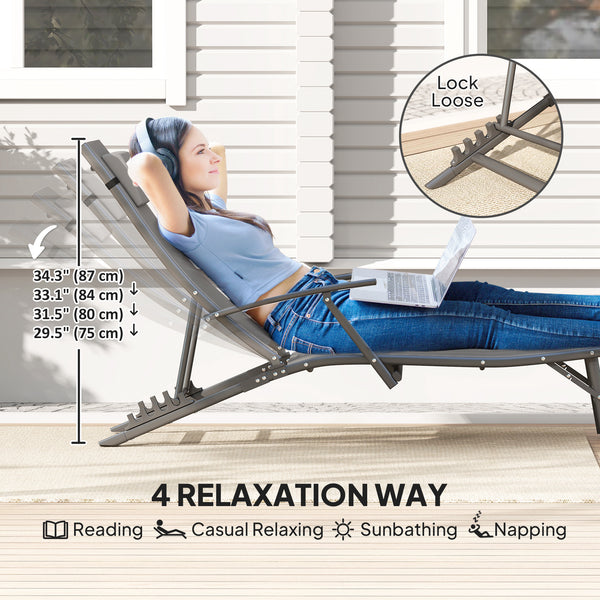 Set of 2 Folding Lounge Chairs, Outdoor Chaise Tanning Chair with 4 Adjustable Backrest, Pillow, Steel Frame, Portable Sun Lounger for Patio, Garden, Beach, Grey