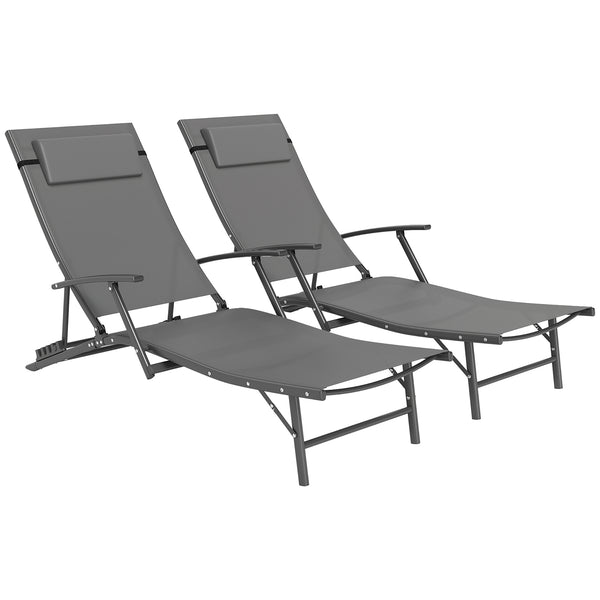 Set of 2 Folding Lounge Chairs, Outdoor Chaise Tanning Chair with 4 Adjustable Backrest, Pillow, Steel Frame, Portable Sun Lounger for Patio, Garden, Beach, Grey