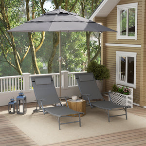 Set of 2 Folding Lounge Chairs, Outdoor Chaise Tanning Chair with 4 Adjustable Backrest, Pillow, Steel Frame, Portable Sun Lounger for Patio, Garden, Beach, Grey
