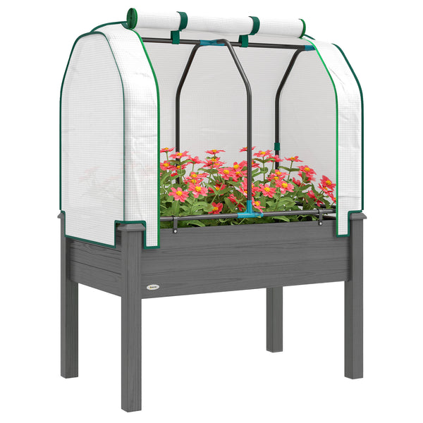Raised Garden Bed with PE Greenhouse Cover Outdoor Elevated Wood Planter Box for Herbs and Vegetables, Use for Patio, Backyard, Balcony, 35 x 22 x 47 inch, Dark Gray
