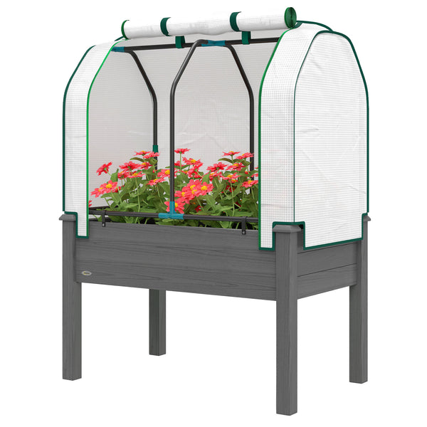 Raised Garden Bed with PE Greenhouse Cover Outdoor Elevated Wood Planter Box for Herbs and Vegetables, Use for Patio, Backyard, Balcony, 35 x 22 x 47 inch, Dark Gray