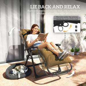 Reclining Zero Gravity Chair with Adjustable Backrest, Folding Garden Sun Lounger, Outdoor Recliner with Removable Cushion and Headrest, 2 Pieces, Khaki
