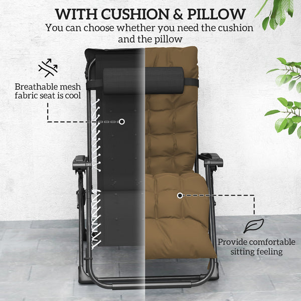 Reclining Zero Gravity Chair with Adjustable Backrest, Folding Garden Sun Lounger, Outdoor Recliner with Removable Cushion and Headrest, 2 Pieces, Khaki