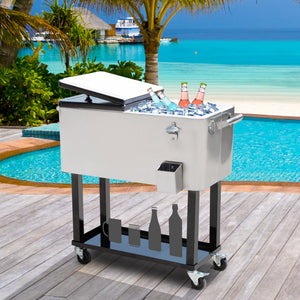 80 Quart Rolling Cooler Cart Portable Patio Ice Beer Beverage Cooling Bin for Outdoor Party w/ Bottle Opener & Storage Shelf Silver