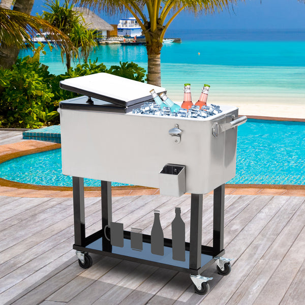 80 Quart Rolling Cooler Cart Portable Patio Ice Beer Beverage Cooling Bin for Outdoor Party w/ Bottle Opener & Storage Shelf Silver