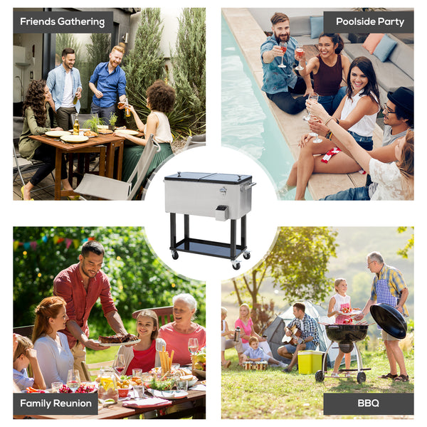 80 Quart Rolling Cooler Cart Portable Patio Ice Beer Beverage Cooling Bin for Outdoor Party w/ Bottle Opener & Storage Shelf Silver