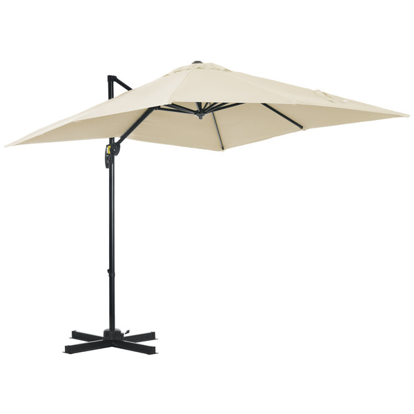 2.5 x 2.5m Patio Offset Parasol Umbrella Cantilever Hanging Aluminium Sun Shade Canopy Shelter 360° Rotation with Crank Handle and Cross Base, Cream White