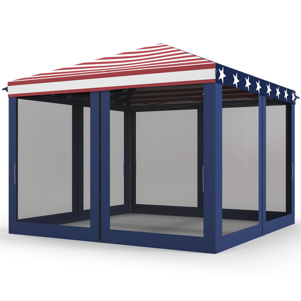 Outsunny 10' x 10' Pop Up Canopy Tent with Netting, Instant Gazebo, Screen House Room with Carry Bag, Height Adjustable, for Outdoor, Garden, Patio, Camping, Blue and Red
