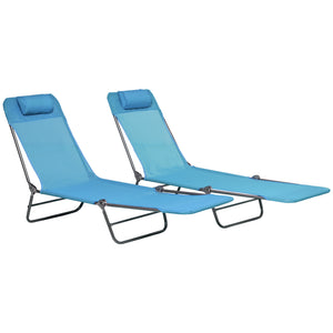 Outsunny 2 Piece Folding Chaise Lounge Chairs, Pool Sun Tanning Chairs, Outdoor Lounge Chairs with Reclining Back, Breathable Mesh Seat, Headrest for Beach, Yard, Patio, Blue