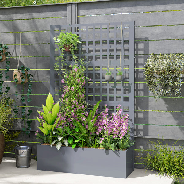 Outsunny Galvanized Raised Garden Bed with Trellis, Metal Planter Box with Drainage Holes, Outdoor Privacy Screen for Climbing Plants, Vegetable, Vines, 43" x 16" x 70", Gray