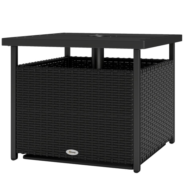 21.75" Outdoor Rattan Wicker Patio Coffee Table with Umbrella Hole, Patio Side Table with Slatted Metal Top, Suitable for Garden, Backyard, Black