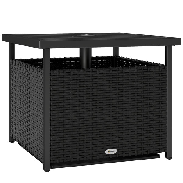 21.75" Outdoor Rattan Wicker Patio Coffee Table with Umbrella Hole, Patio Side Table with Slatted Metal Top, Suitable for Garden, Backyard, Black