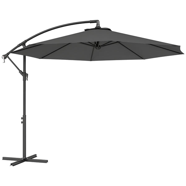 10' Deluxe Patio Umbrella, Outdoor Market Parasol, Banana Hanging Offset Sunshade with Crank, Cross Base, Grey