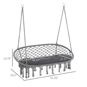 Patio Hammock Chair 2 Seat, Hanging Rope Hammock Swing Chair with Metal Frame and Cushion, Large Macrame Seat for Indoor and Outdoor 396 lbs Capacity, Dark Grey