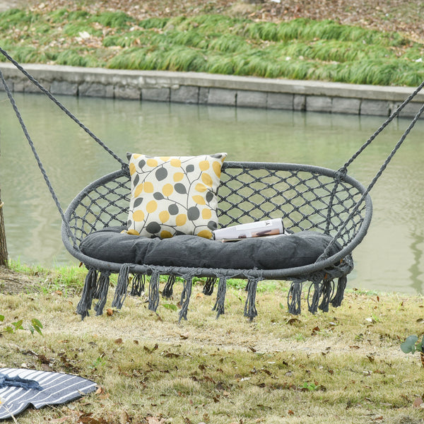 Patio Hammock Chair 2 Seat, Hanging Rope Hammock Swing Chair with Metal Frame and Cushion, Large Macrame Seat for Indoor and Outdoor 396 lbs Capacity, Dark Grey