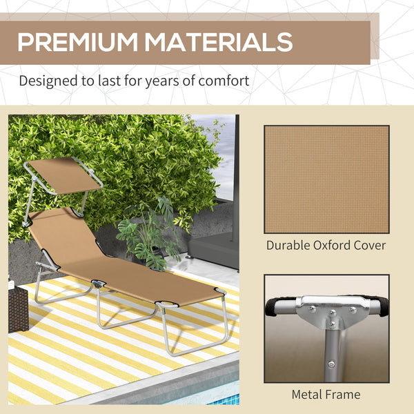 Outdoor Lounge Chair, Adjustable Folding Chaise Lounge, Tanning Chair with Sun Shade for Beach, Camping, Hiking, Backyard, Brown
