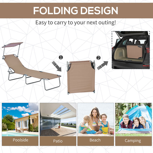 Outdoor Lounge Chair, Adjustable Folding Chaise Lounge, Tanning Chair with Sun Shade for Beach, Camping, Hiking, Backyard, Brown
