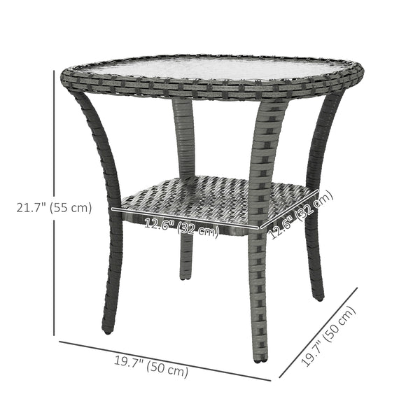 Rattan Coffee Table with Storage Shelf, Wicker Side Table with Glass Top, Outdoor End Table for Garden, Porch, Backyard, Mix Grey