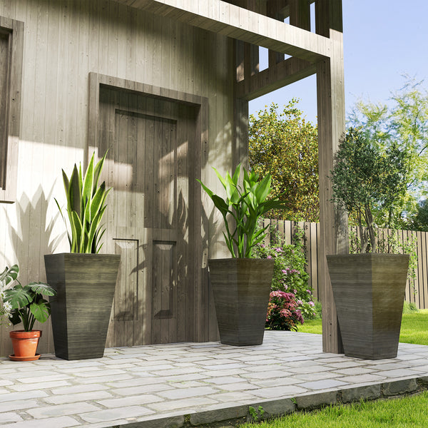 Tall Planter for Outdoor Plants Set of 3, 28 Inch Taper Planter with Drainage Holes, Wood Grain Decor Garden Pot for Indoor Outdoor Porch Patio Backyard, Dark Brown