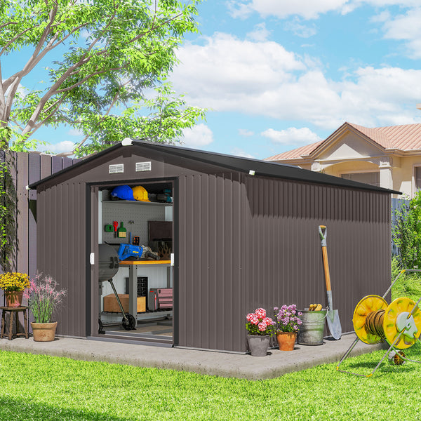9' x 11' Garden Storage Shed with Foundation Kit, Metal Tool Storage House with Double Doors for Outdoor Patio Yard, Brown