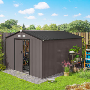 9' x 11' Garden Storage Shed with Foundation Kit, Metal Tool Storage House with Double Doors for Outdoor Patio Yard, Brown