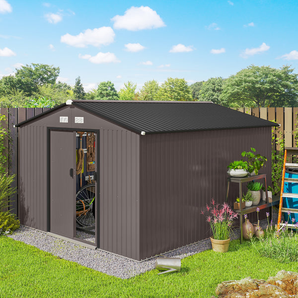 9' x 11' Garden Storage Shed with Foundation Kit, Metal Tool Storage House with Double Doors for Outdoor Patio Yard, Brown