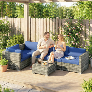 4 Pieces Rattan Garden Furniture Set, Wicker Outdoor Furniture Set with Corner Sofa Loveseat Coffee Table Cushions, Conservatory Furniture Set for Patio Balcony, Blue