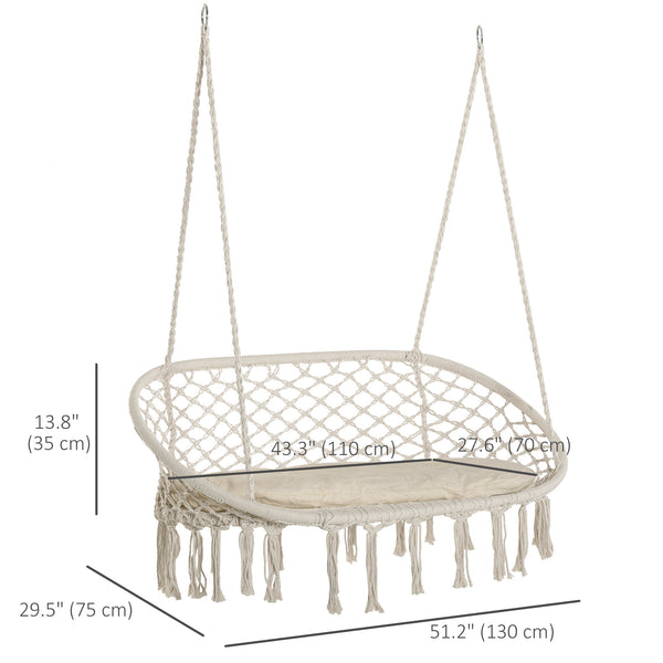 Patio Hammock Chair 2 Seat, Hanging Rope Hammock Swing Chair with Metal Frame and Cushion, Large Macrame Seat for Indoor and Outdoor 396 lbs Capacity, Cream White