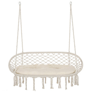 Patio Hammock Chair 2 Seat, Hanging Rope Hammock Swing Chair with Metal Frame and Cushion, Large Macrame Seat for Indoor and Outdoor 396 lbs Capacity, Cream White