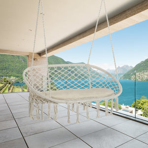 Patio Hammock Chair 2 Seat, Hanging Rope Hammock Swing Chair with Metal Frame and Cushion, Large Macrame Seat for Indoor and Outdoor 396 lbs Capacity, Cream White