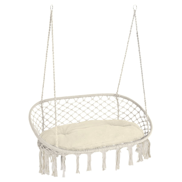 Patio Hammock Chair 2 Seat, Hanging Rope Hammock Swing Chair with Metal Frame and Cushion, Large Macrame Seat for Indoor and Outdoor 396 lbs Capacity, Cream White
