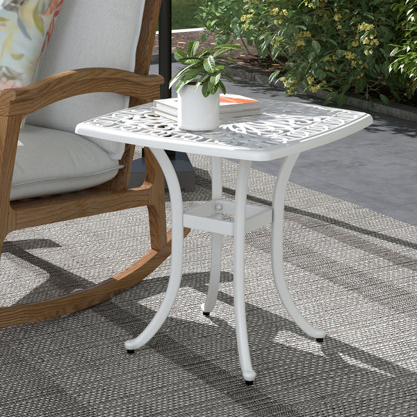 Cast Aluminum Outdoor Side Table, 21" Square Patio End Table with Umbrella Hole, Bistro Table for Garden, Balcony, Poolside, White