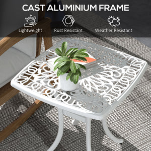 Cast Aluminum Outdoor Side Table, 21" Square Patio End Table with Umbrella Hole, Bistro Table for Garden, Balcony, Poolside, White