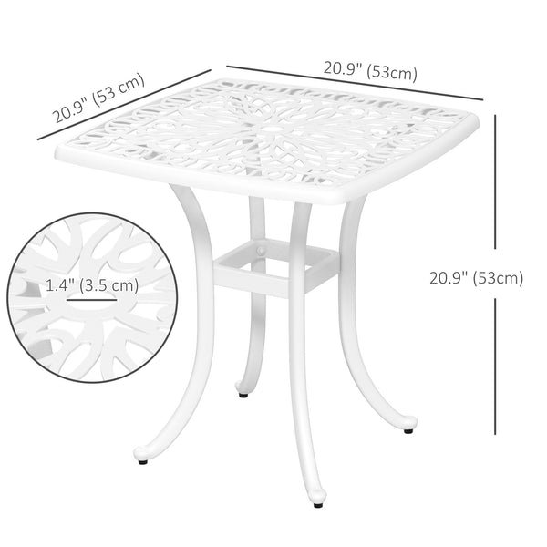 Cast Aluminum Outdoor Side Table, 21" Square Patio End Table with Umbrella Hole, Bistro Table for Garden, Balcony, Poolside, White
